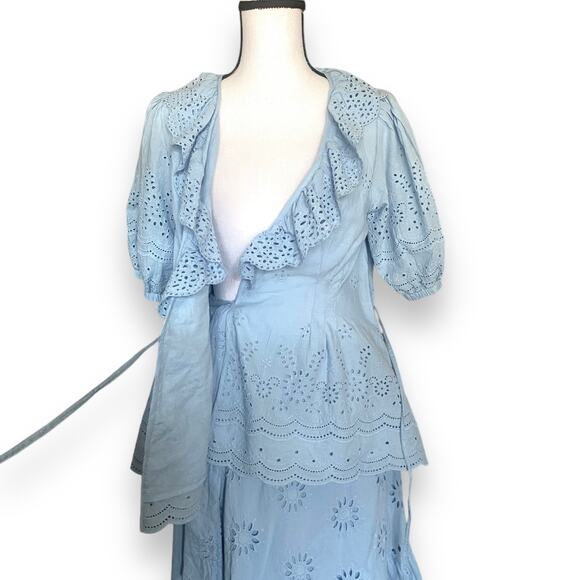 Roller Rabbit Eyelet Lace Wrap Skirt Puff Sleeve Blouse Sz S Light Blue - Picture 7 of 16